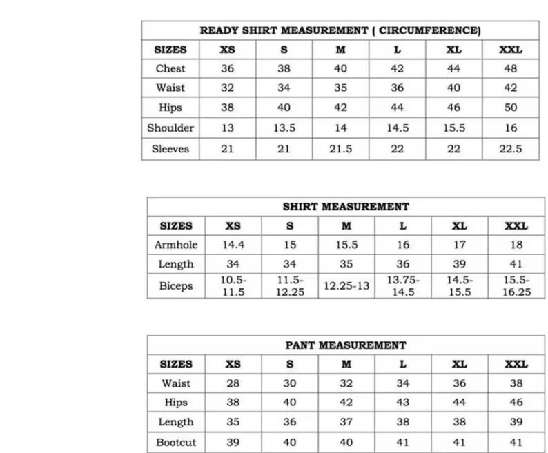 May include: Detailed size chart for shirts and pants, including measurements for chest, waist, hips, shoulder, sleeves, armhole, length, and biceps. Sizes range from XS to XXL, with measurements in inches.