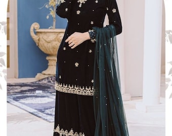 Black velvet kurta palazo set with beige golden work indian Pakistani wedding hand made embellished outfit