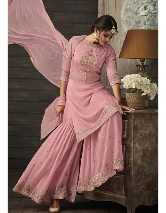 Sharara Set With Dupatta, Designer Georgette 3 Pcs Salwar Kameez for  Wedding, Pakistani Ready-made Dress, Beautiful Partywear Pink Kurta Set -  Etsy Canada