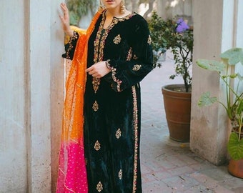 Indian Designer Dark Green Velvet Kurta Set with Brocade Pants and Multi-color Dupatta for Her, Bridesmaid Winter Wedding Outfit, Eid Wear