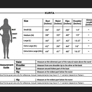 May include: A detailed size chart for a Kurta, including bust, waist, hips, shoulder, and sleeve length measurements in inches. Sizes range from Small to Extra Extra Large. A diagram illustrates where to measure.