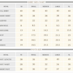 May include: A size chart for shirts and trousers, with measurements in inches. The chart includes details for full shirt length, short shirt length, sleeves, arm hole, shoulder, bust, hip, and daman. Trousers size includes pant length, pant waist, and short pant measurements.