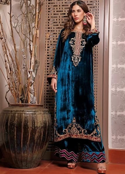 Dark Teal Blue Velvet Kurta Palazo Set With Golden and Red Work