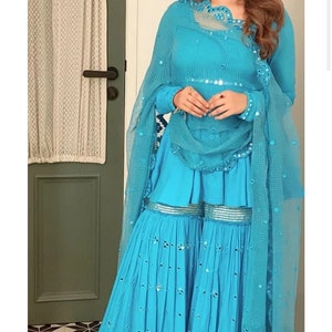 Ready To Wear 3 Piece Blue Sharara Suit With Heavy Embroidery Sequence Work And Georgette Dupatta For Women, Sharara Suit Set, Indian Suit