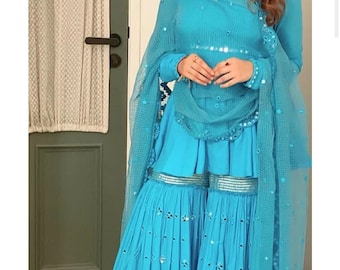 Ready To Wear 3 Piece Blue Sharara Suit With Heavy Embroidery Sequence Work And Georgette Dupatta For Women, Sharara Suit Set, Indian Suit