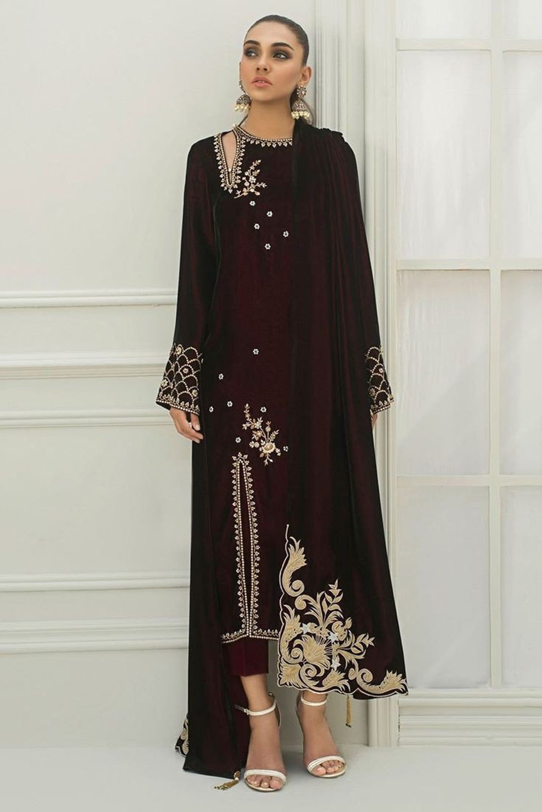Girl Velvet Kurta And Pant Set-Beige Golden main image 1