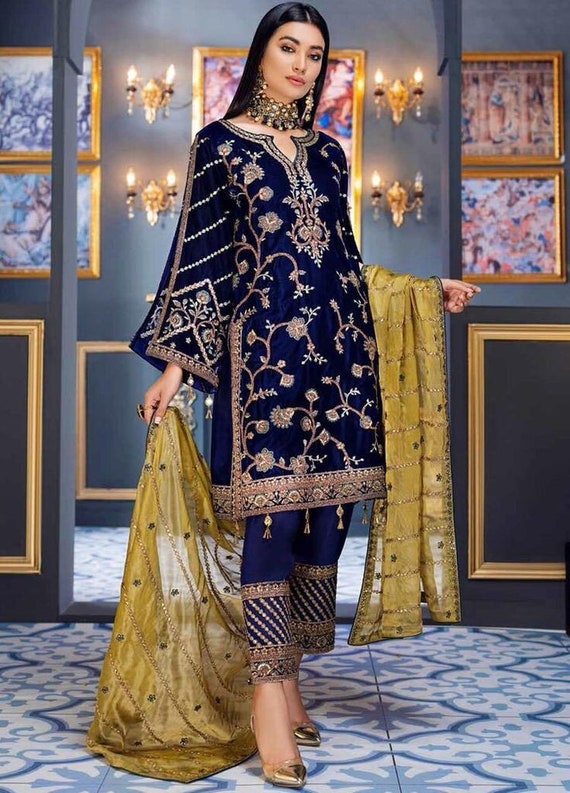green emerald velvet dress Magnificent Royal Blue and Gold Indian Wedding Lehenga- SNT11124 – Saris  and Things main image 1