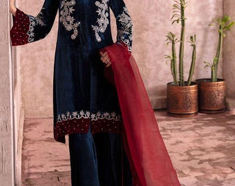 Velvet Blue Floral Embroidered Kurta Palazzo Dupatta Set Indian Ethnic Women Party Wear Silk Pakistan Festive Dress Kurta, Formal Wear