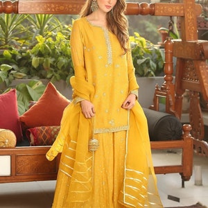 Yellow Short Kurta with Gharara and Dupatta, Handcrafted Wedding and Party Wear Outfit, Full Stitched Ensemble with Exquisite Handwork