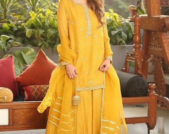 Yellow Short Kurta with Gharara and Dupatta, Handcrafted Wedding and Party Wear Outfit, Full Stitched Ensemble with Exquisite Handwork