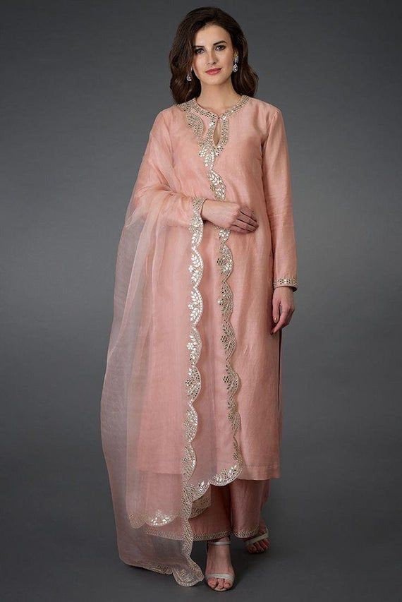 Pastel Peach Kurta Palzo gota Work plazo Border Dupatta 4 Side