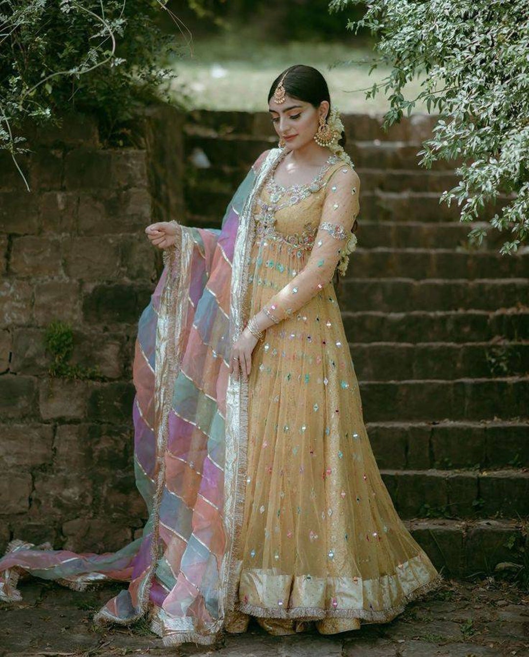 Anarkali Cocktail Gown with Bohemian Print and Mirror embellishments main image 0