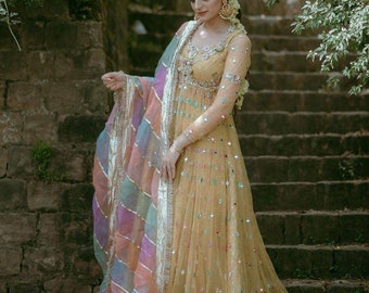 Yellow Anarkali Gown with Multi-Color Dupatta - Mirror Thread Magic, Dazzling Embellishments, and Gota Lace Finish, Pakistani Gown for Bride