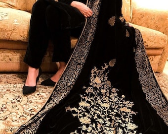 Indian Designer Black Kurta Pant Ensemble with Velvet Shawl Dupatta for Wedding, Women's Ethnic Winter Wear, Pakistani Eid Outfit for Her