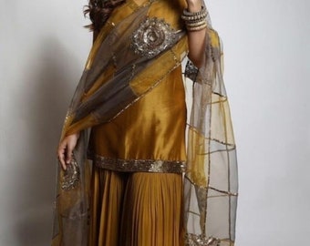 Golden Glow: Handcrafted Mustard Yellow Kurta Gharara with Dupatta Wedding and Eid Collection Outfit with Copper Gold Sitara Embellishments