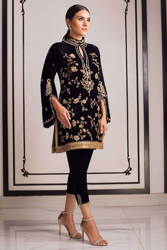 Opulent Elegance: Black Handmade Velvet Ensemble with Golden Zari Embroidery and Customizable Dupatta, Indo Western Ethnic Outfit for Women
