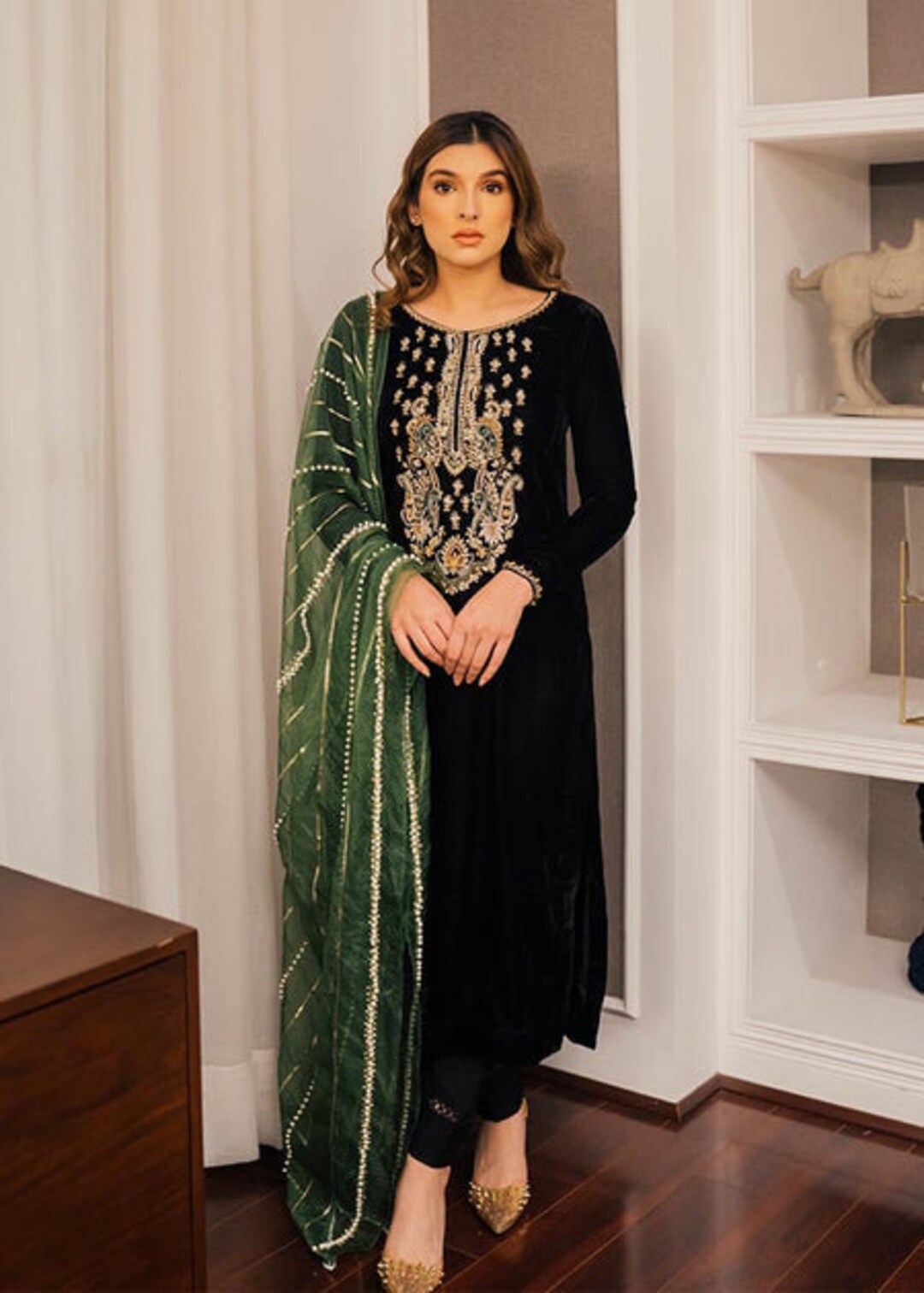 Women's Cotton Dark Green Embellished Kurta Pant With Dupatta