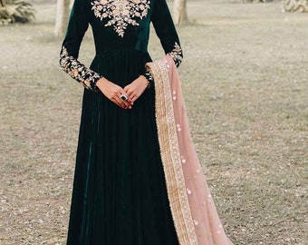 Emerald green velvet anarkali frock set with needle thread work indian Pakistani wedding hand made embellished outfit brocade trouser