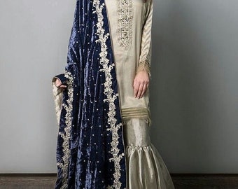 Timeless Elegance: Pure Tissue Gharara Set with Velvet Shawl Dupatta, Indian Pakistani gharara suit, Winter Indian Bridesmaid Ethnic Wear