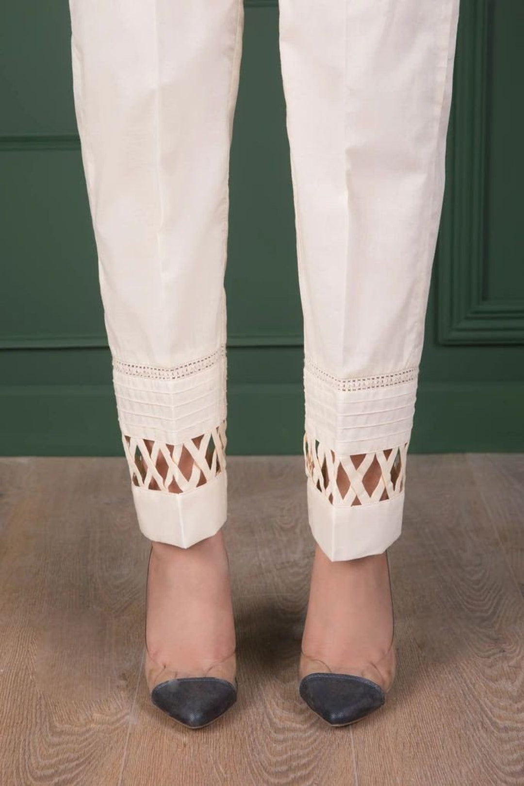 Off White Cotton Cream Trouser Pant With Lader Design Pintux