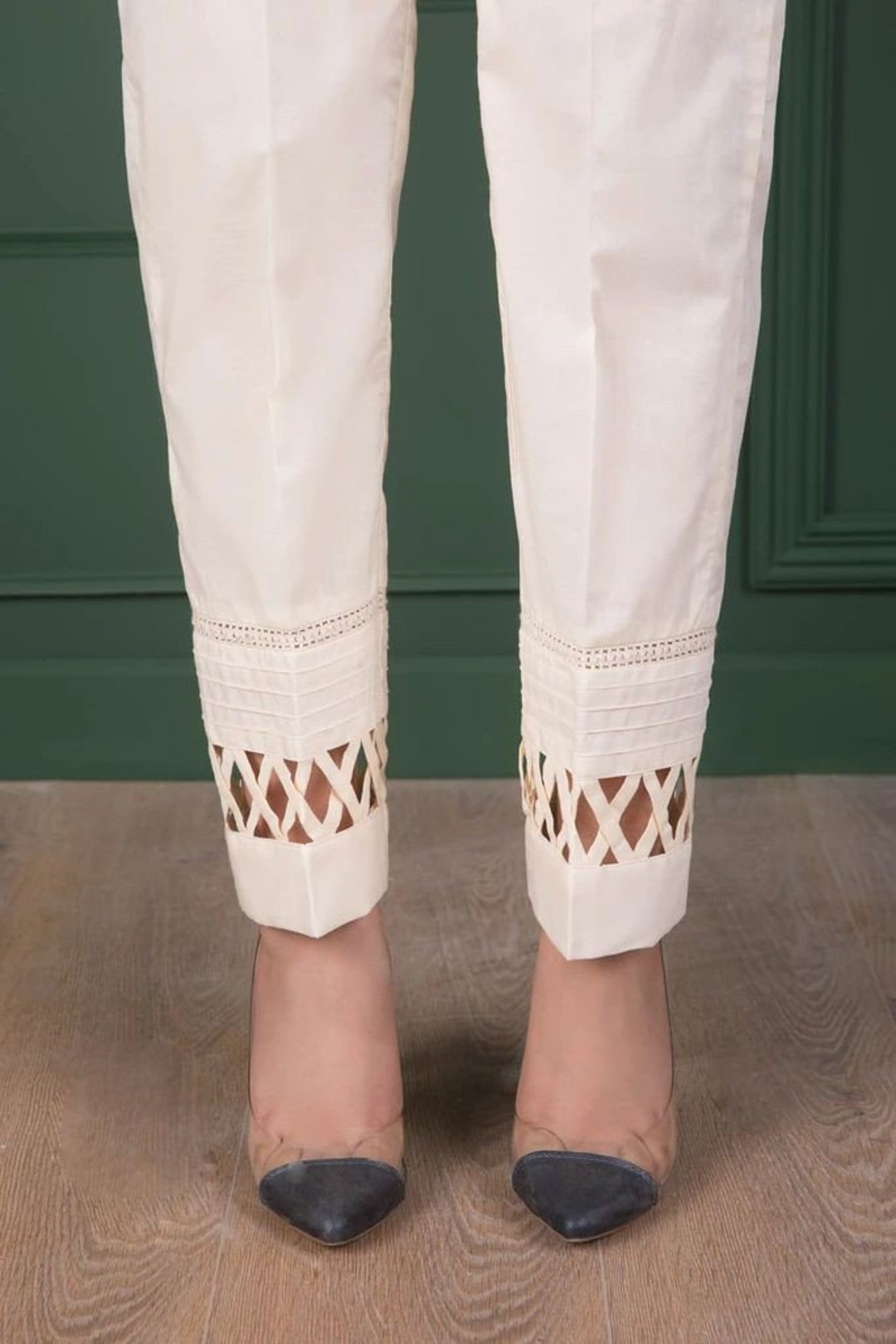 Off White Cotton Cream Trouser Pant With Lader Design Pintux Indian  Pakistani Trouser Pant -  Singapore