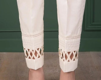 Buy Off White Cotton Cream Trouser Pant With Lader Design Pintux