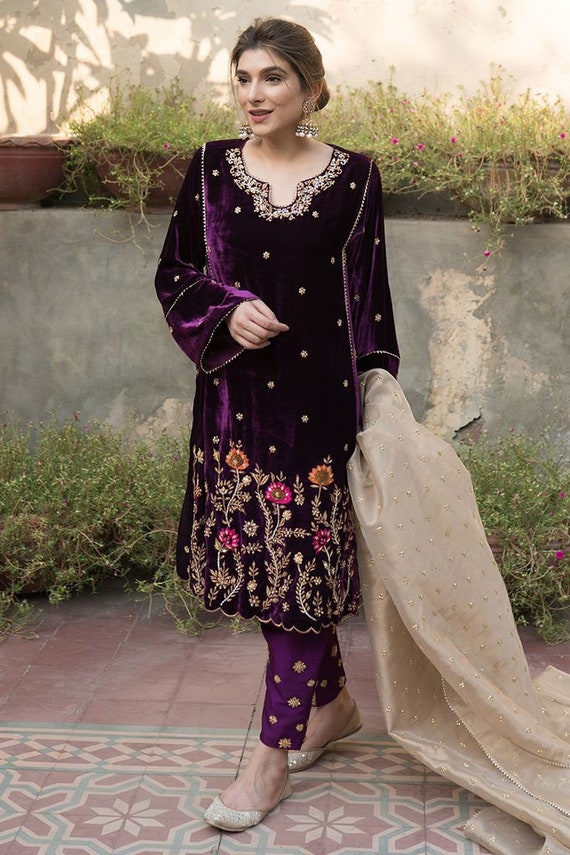 fitted lace wedding dress Wedding Wear Embroidery Work Purple Color Velvet Suit  Vastra Shop