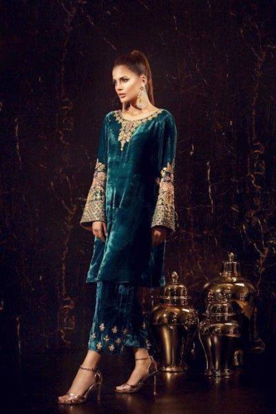 blue velvet pakistani dresses JZM Embroidered Blue Luxury Velvet Dress main image 0