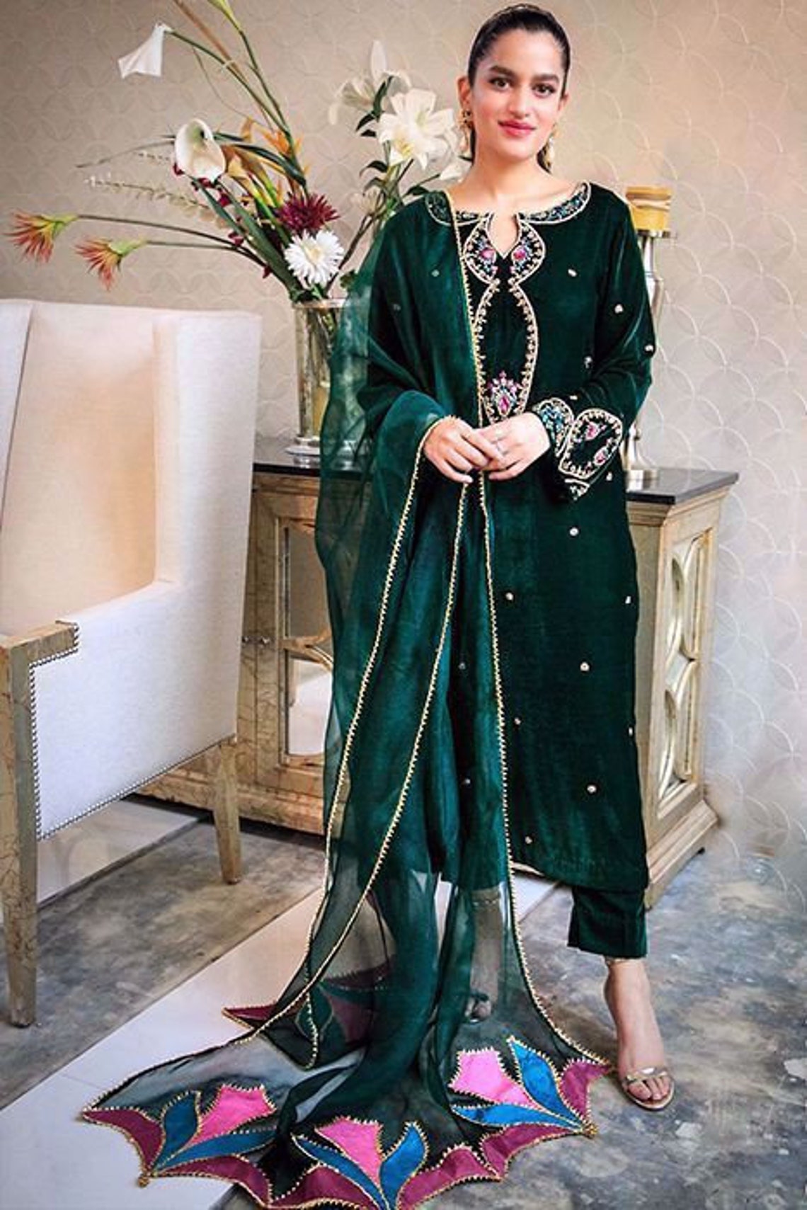 Green Velvet Kurta And Trousers