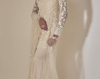 Embellished off white kurta gharara set with scallops dupatta indian Pakistani gharara suit