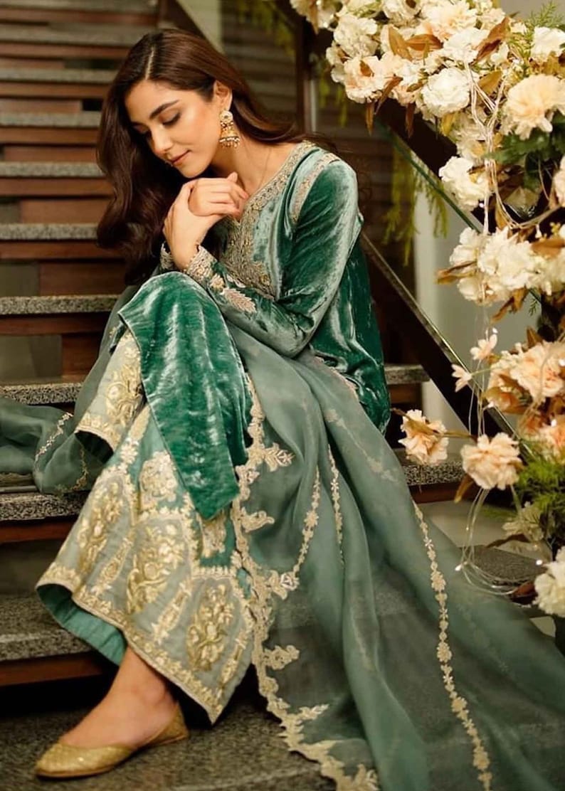 Ethereal Elegance: Handmade Sea Green Velvet Wedding Wear with Golden Resham Work Kurta Palazzo with Organza Dupatta, Pakistani Eid Outfit image 1
