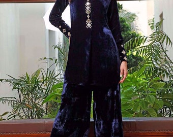 Dark Navy Blue Velvet Winter Kurta Palazzo Set, Indian Women Wear, Thick Festive Embroidered Kurta, Bollywood Formals, Ethnic Formal