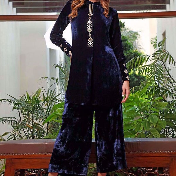 Dark Navy Blue Velvet Winter Kurta Palazzo Set, Indian Women Wear, Thick Festive Embroidered Kurta, Bollywood Formals, Ethnic Formal