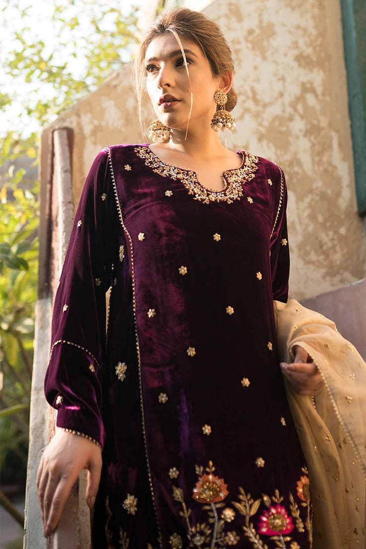 Purple Velvet Kurta Trouser Set With Golden Work Indian Pakistani ...