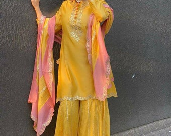 Indian pakistani yellow haldi gharara palazo gota work kurta dupatta set ready to wear ethnic wedding gharara