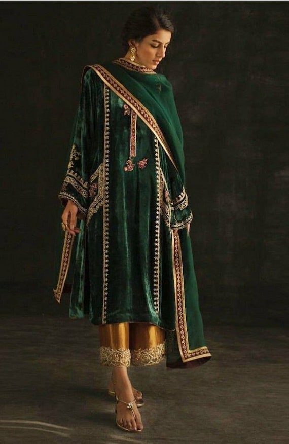 Green Velvet Kurta Palazo Set With Organza Dupatta Indian Pakistani Wedding  Hand Made Embellished Outfit - Etsy
