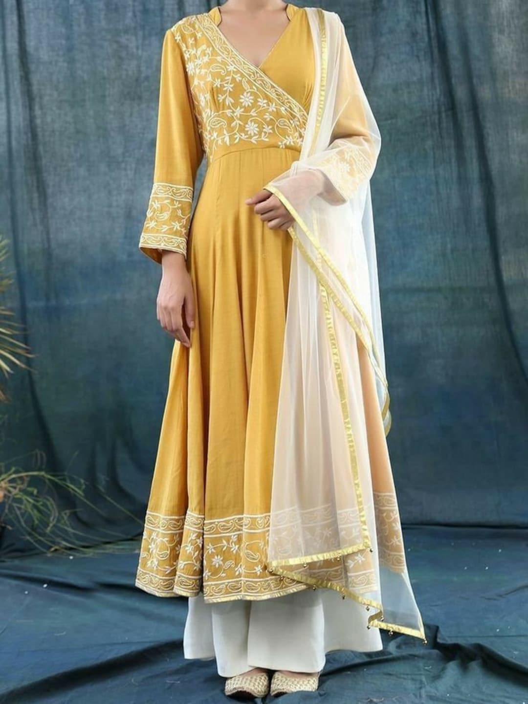 Indian Designer Yellow Long Angrakha Anarkali Kurta Palazzo Dupatta Suit  for Women, Gotta Work Heavy Kurta Set, Valentine's Day Gift for Her - Etsy