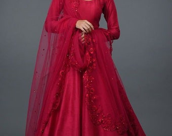 Handmade Red Silk Anarkali Frock Gown—a symbol of bespoke elegance and craftsmanship, Pakistani Embellished Gown For Her, Bride Wedding Gown