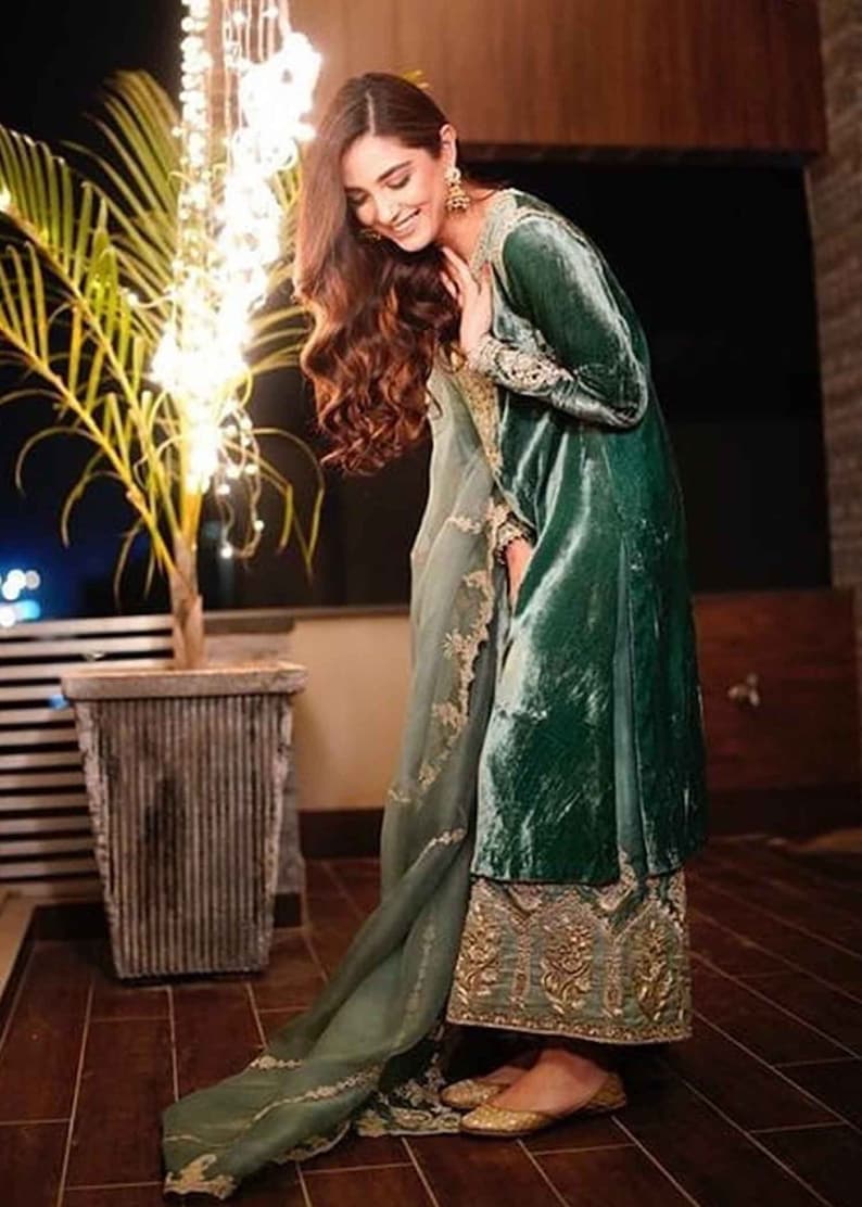 Ethereal Elegance: Handmade Sea Green Velvet Wedding Wear with Golden Resham Work Kurta Palazzo with Organza Dupatta, Pakistani Eid Outfit image 3