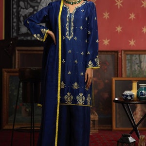Silk Kurta Sets For Women - Indian Wedding Wear - Dark Blue Embroidered Straight Kurta With Pants and Dupatta - Salwar Suit - Wedding Wear