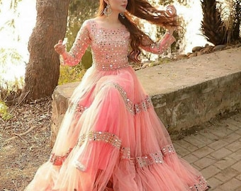 Exquisite Pink Mirror Worked Full Stitched Customized Wedding Gown, Pakistani Indian Wedding Gown Ethnic Wear Bridal Gown For Women