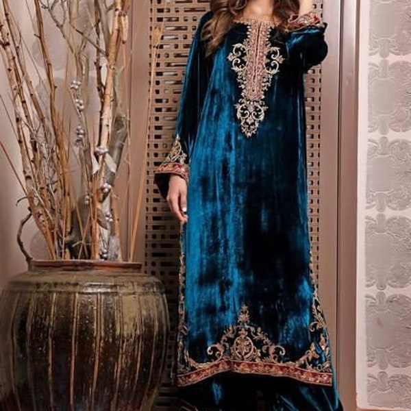 Dark teal blue velvet kurta palazo set with golden and red work indian Pakistani wedding hand made embellished outfit