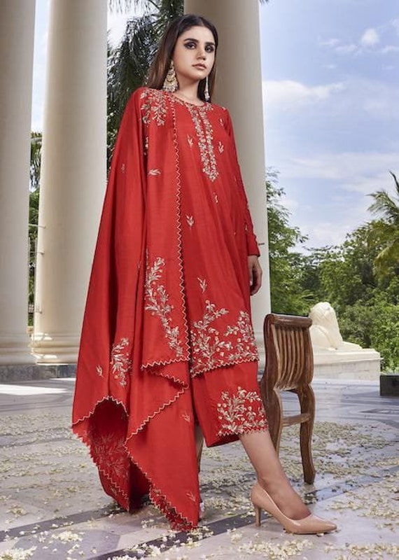 Eid Partywear Rust Kurta with Palazzo and Dupatta Pakistani Designer heavy  piece Salwar Kameez for Weddings Readymade Dresses suit for Eid