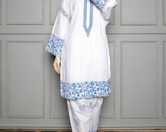 White Silk Needle Embroidered Kurta Palazzo Set, Indian Ethnic Women Festive Party Wear Silk Kurta, Wedding Dress Kurta, Silk Co-Ord Set