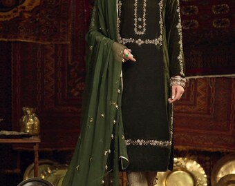 Indian Designer Elegance: Handcrafted Customized Ensemble for Weddings and Parties, Featuring Zari Work, Pearls, and Chiffon Dupatta for Her
