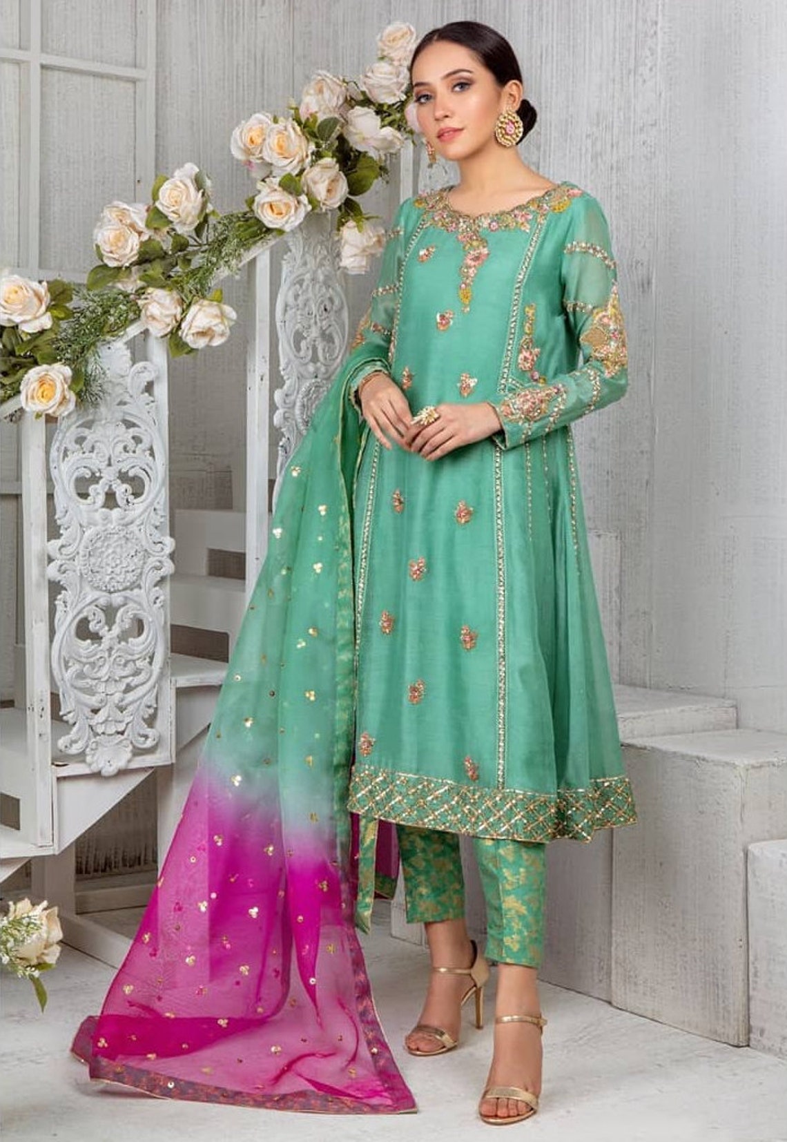 Seagreen Frock Kurta Banarsi Trouser Set With Rani Shaded Etsy