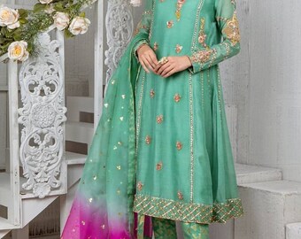 Exquisite Handcrafted Ensemble: Russian Silk Frock with Banarasi Brocade Pant and Organza Dupatta, Pakistani Dress for Wedding, Festivals
