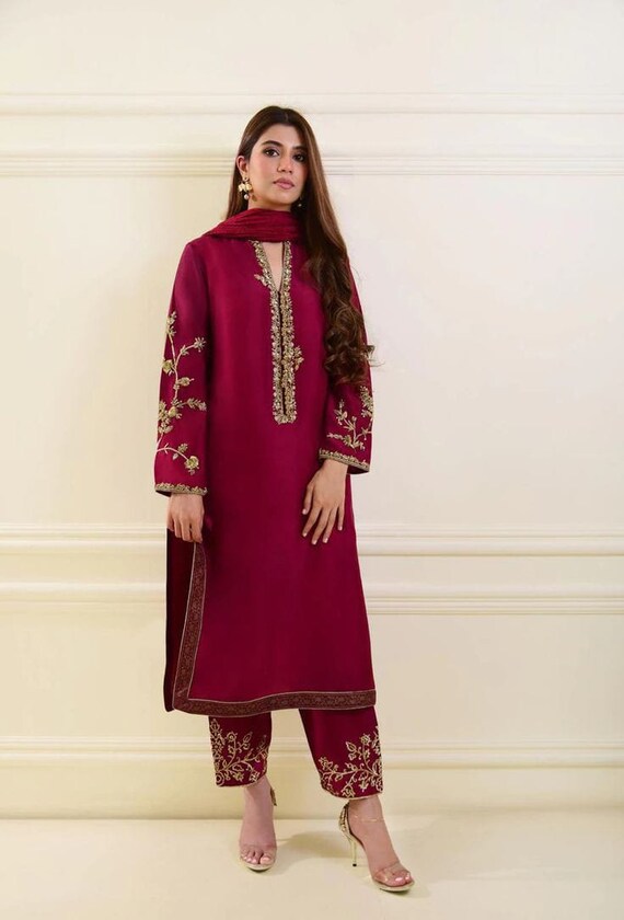 Designer Red Silk Kurta Pant Set with Ornate Zardozi Embroidery Perfect Outfit For Wedding or Formal Party, Valentine's Day Gift for Her