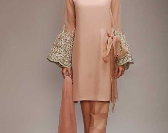Peach Perfection: Zari and Pearl Embellished Bell Sleeve Kurta Set with Net Sleeves and Chiffon Dupatta, Bridesmaid Outfit, Wedding Wear