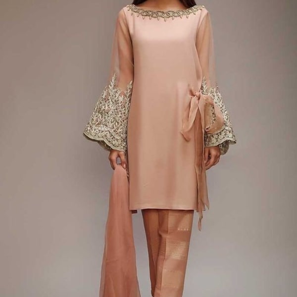 Peach Perfection: Zari and Pearl Embellished Bell Sleeve Kurta Set with Net Sleeves and Chiffon Dupatta, Bridesmaid Outfit, Wedding Wear